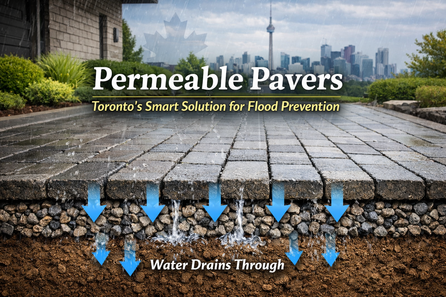 Permeable pavers allowing rainwater drainage for flood prevention in Toronto.